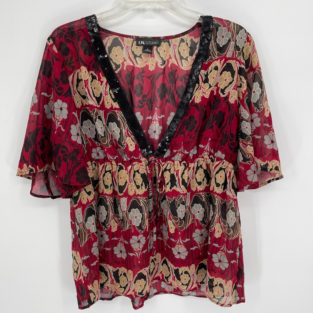 I.N. Studio Women's Red Floral Sequin V-Neck Empire Waist Blouse Size Large